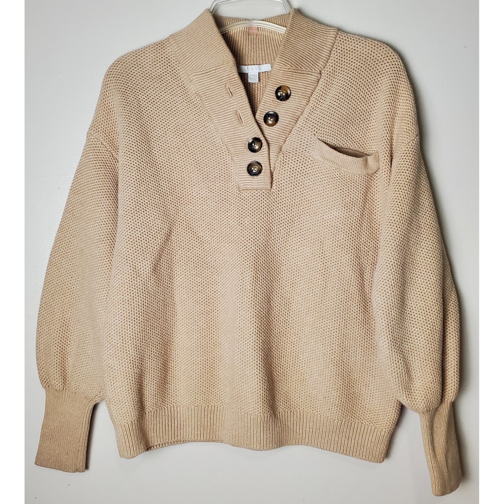 Lunya Cozy Cottonsilk Cotton Silk Pocket Henley Sweater‎ XS Small Light Tan Oat